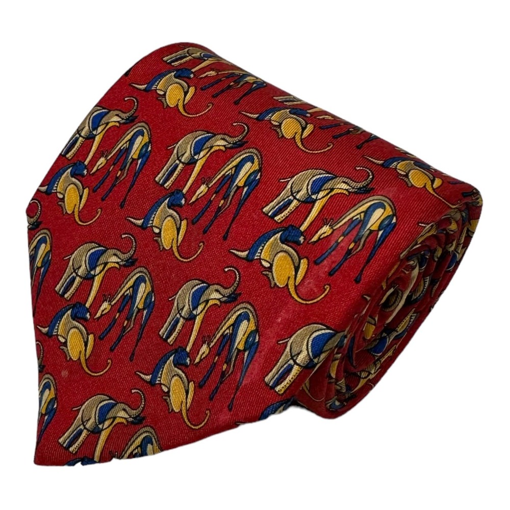 Salvatore Ferragamo Red Gold Blue Elephant Mens Pure Silk Tie 3.5 Inch Width
